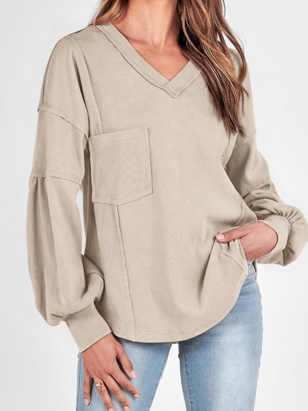 V-Neck Long Sleeve Pocket Top in Beige